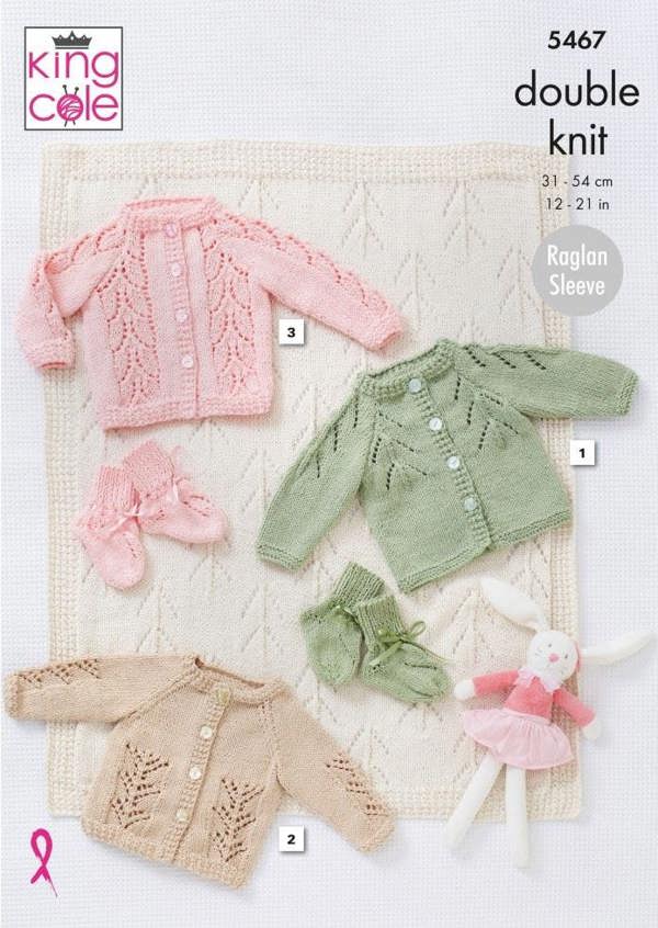 King Cole Cottonsoft DK Knitting Pattern 5467, Cardigans, Blankets, Shoes for Baby, 12 - 21 Inches