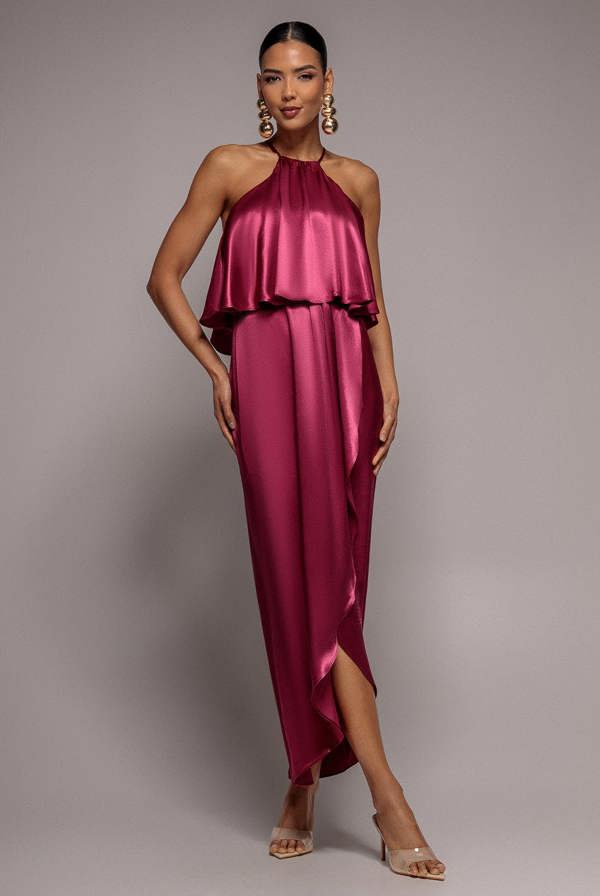 Satin Viscose Front Wrap Midaxi Dress - Burgundy DR4002