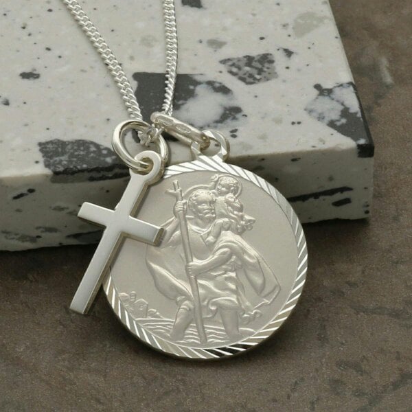 Christopher James of London Sterling Silver Diamond Cut 20mm St Christopher & Cross Pendants With Optional Engraving and Chain