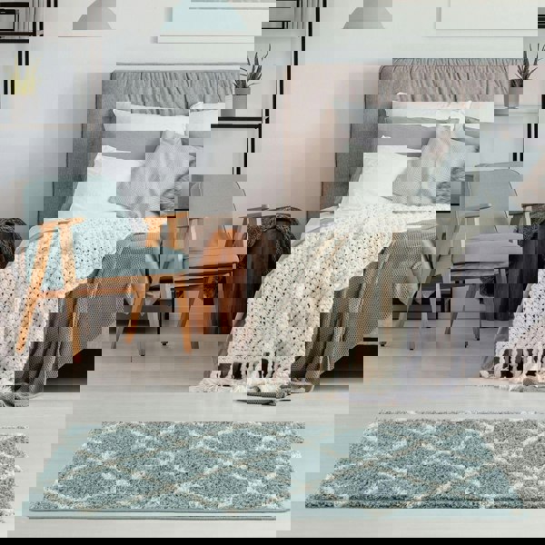 Moroccan Design Thick Shaggy Area Rugs Duck Egg Blue