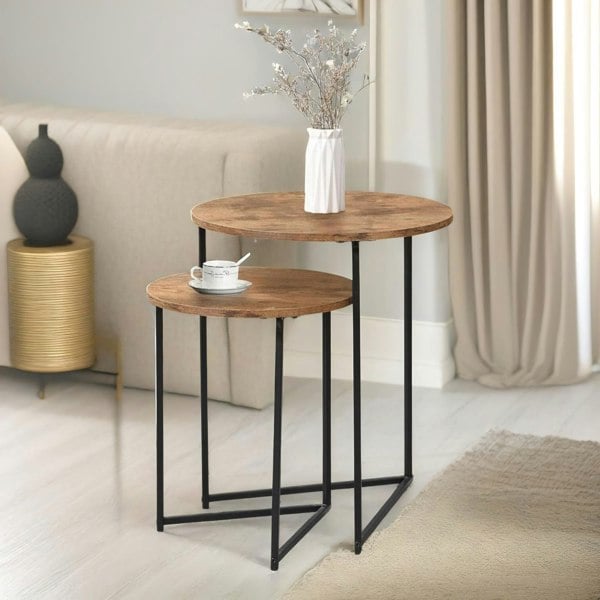 Rafaelo Mobilia Set Of 2 Round Nesting Tables Rustic Brown With Triangular Base