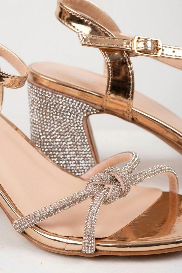 Edie Rhinestone Block Heel Knotted Sandals - Champagne