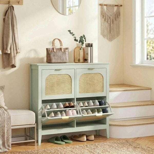Bobobiy Narrow Shoe Cabinet, Boho Slim Shoe Storage Cabinet with 4 Flip Drawers, Holds 20 Pairs, Light Green - Light Green