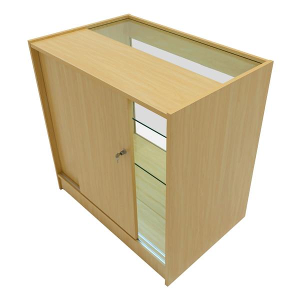 Vega LED Shop Counter Set in maple finish, featuring a sleek design, glass display top, and secure sliding door for storage