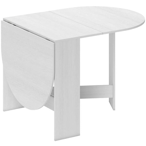 White oval folding dining table with drop-leaf panel extended on one side