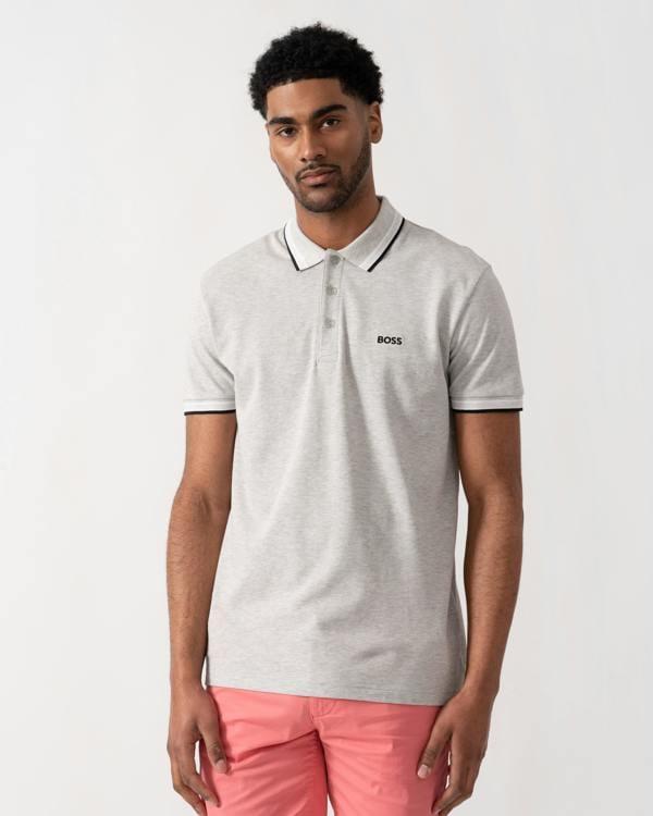 BOSS Green Paddy Mens Cotton-Piqué Polo Shirt with Contrast Logo - Silver 046