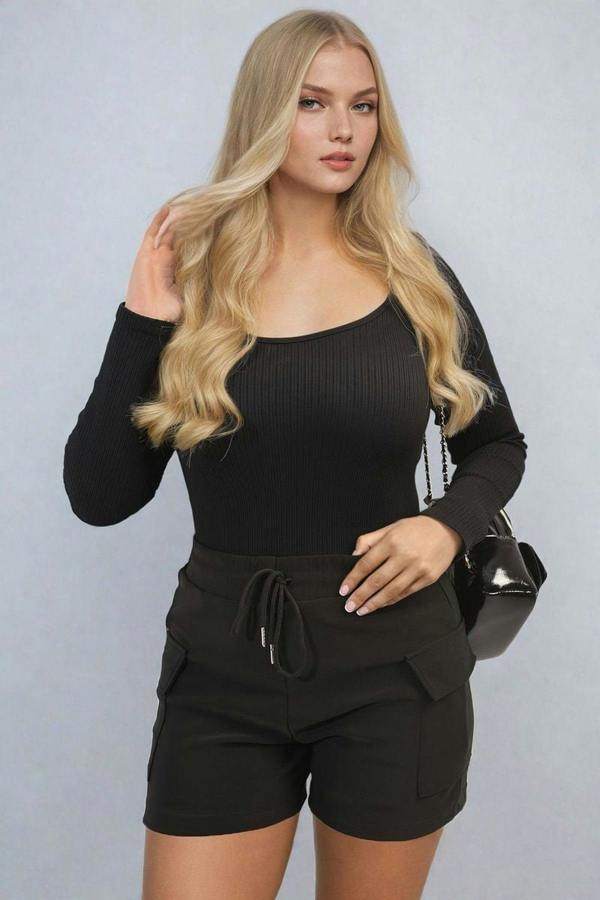 Dulce Elastic Waist Drawstring Pocket Detail Shorts - Black