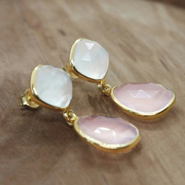 Pink and white chalcedony dangle gold vermeil earrings