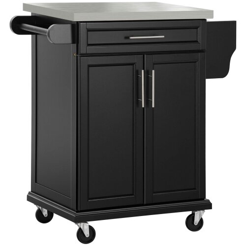 Wyld Haus Paha Wood And Steel Black Kitchen Island Trolley With Stainless Steel Top Drawer And Side Rack