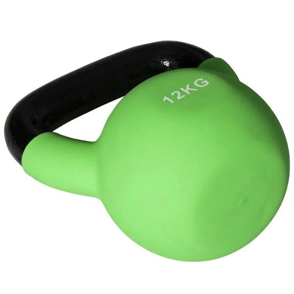Close-up of green 12kg soft kettlebell with black handle and 12KG marking