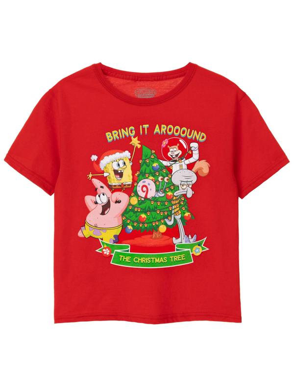 SpongeBob SquarePants Unisex Kids Red Christmas Tree Short Sleeved T-Shirt
