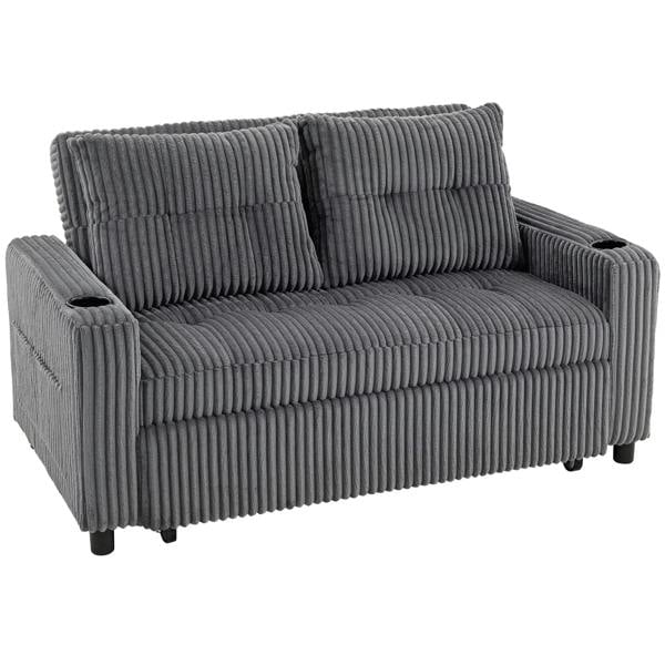 Charcoal grey corduroy 2-seater sofa bed with two seat cushions and armrests