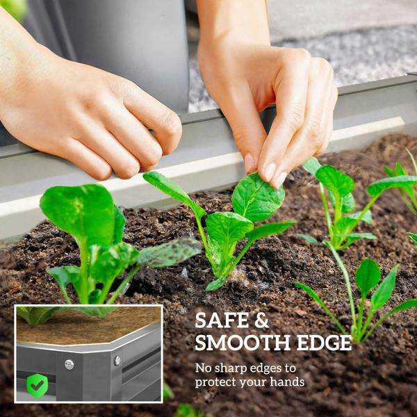 Raised garden bed corner with smooth metal edge and slatted light grey steel panels