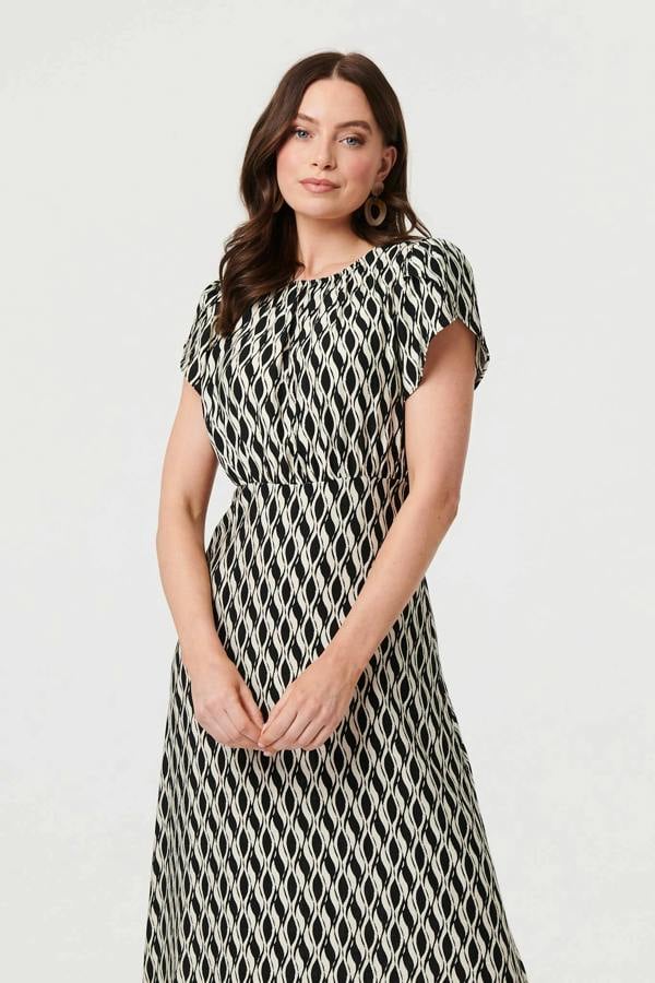 Black | Printed Cap Sleeve Ruched Midi Dress