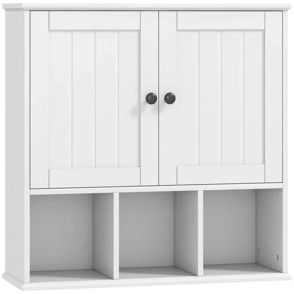 White wall-mounted bathroom cabinet with two panel doors and open lower compartments