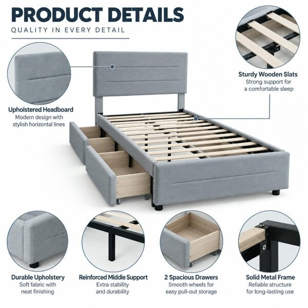 HOMEWEDO  Bed Frame with 2 Storage Drawers, Velvet Upholstered Headboard
