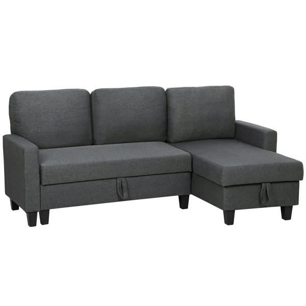 Charcoal grey fabric L-shaped storage sofa bed with chaise and tufted back cushions