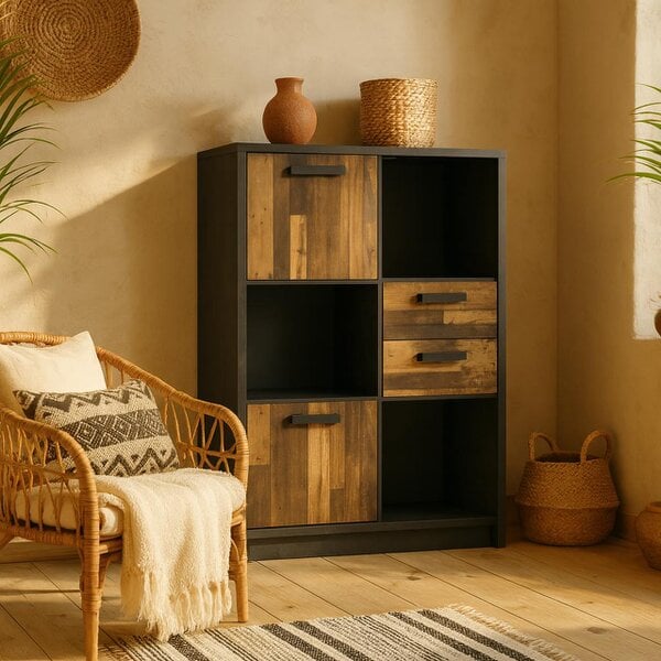 Wyld Haus Whimwick Low Walnut and Dark Matera Grey Bookcase 2 Doors 2 Drawers