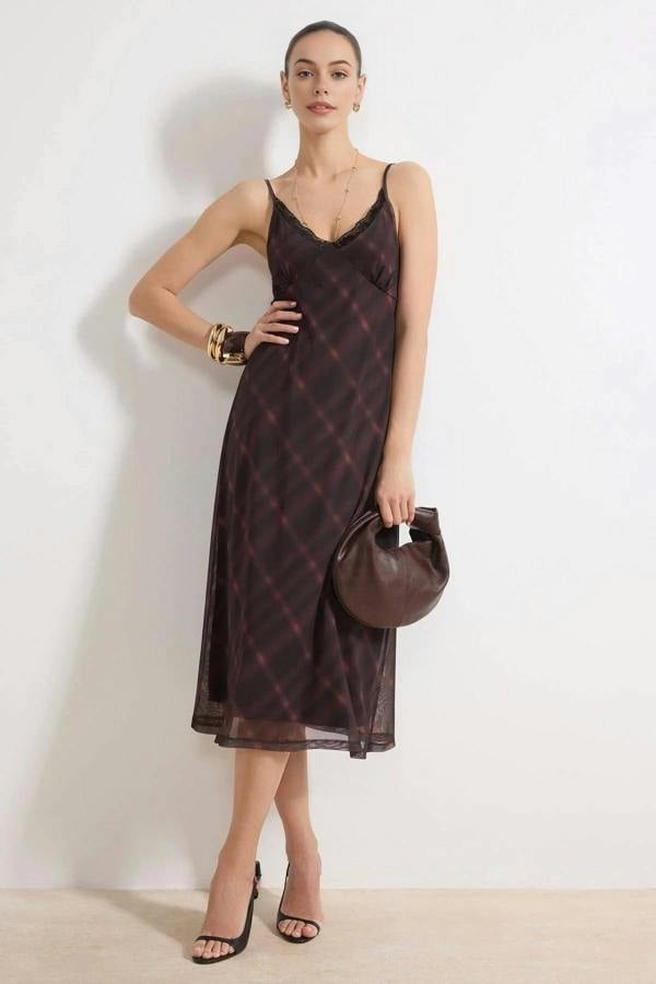 WOVCOR Plaid Bodycon V-Neck Thin Strap Sleeveless Ruched Maxi Tulle Knit Dress