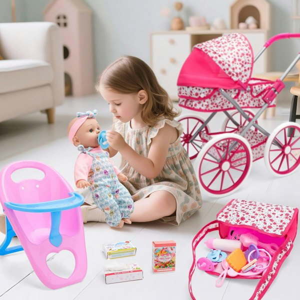 deAO Toys Deluxe Baby Doll Pram Playset – 18PCS Role-Play Set with Stroller, Feeding Chair, Accessories & Realistic Doll for Kids 3+