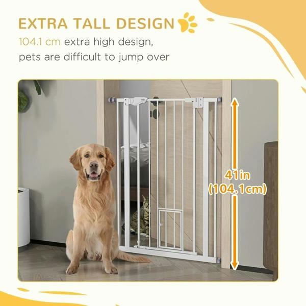 White extra-tall pet gate with 104.1 cm height and vertical bars; dog stands nearby