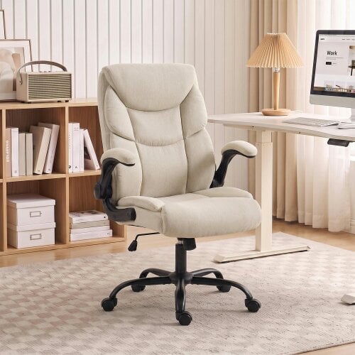HOMCOM Office Chair, Executive Desk Chair w/ Flip-up Armrest, Cream White