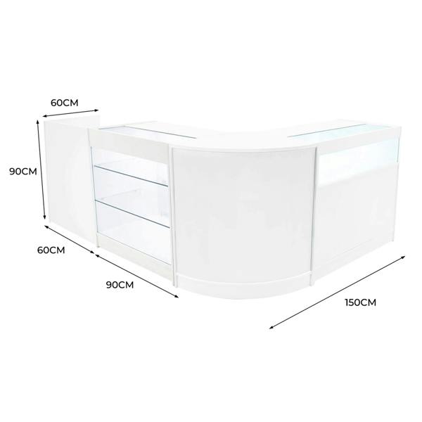 Polaris LED Shop Counter Set in white, featuring a curved design, glass display shelves, and dimensions of 150cm x 90cm x 90cm