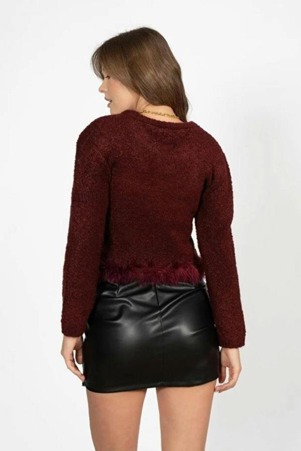 Hoxton Gal Burgundy Soft-Touch Crew Neck Knit Sweater with Fluffy Hem
