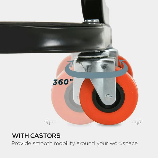 Rolling stool caster with orange wheel, gray bracket, and 360-degree swivel design