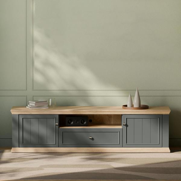 Furniture To Go Pontypool Wide TV Unit with 2 Doors, Drawer & Open Shelf in Grey and Mauvella Oak