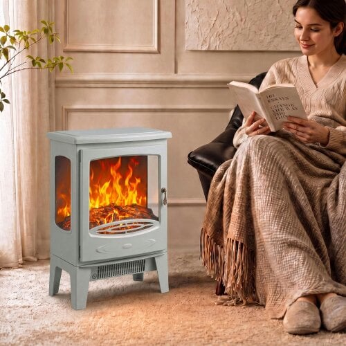 HOMCOM 900W/1800W Freestanding Electric Fireplace, Room Heater, Grey