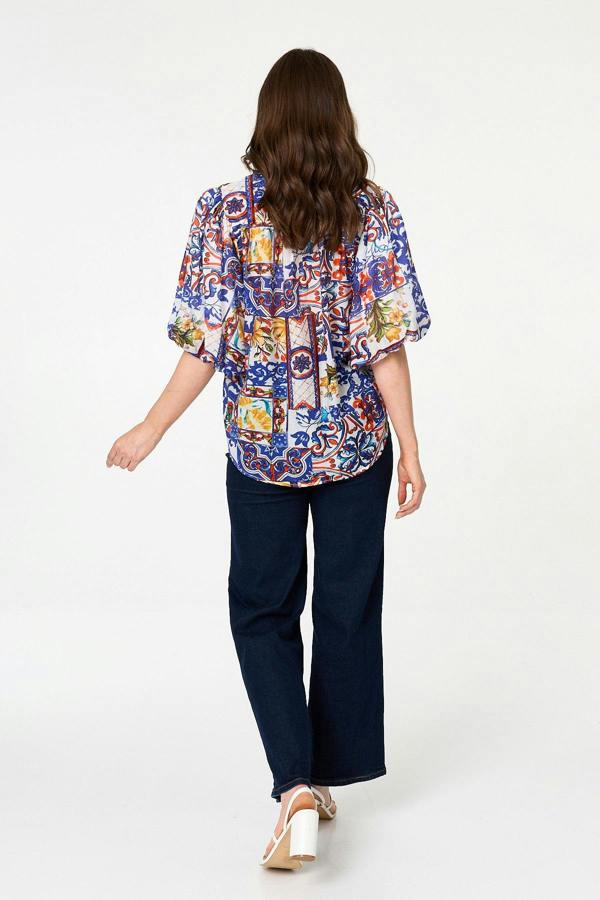 White | Abstract 1/2 Puff Sleeve Boxy Shirt
