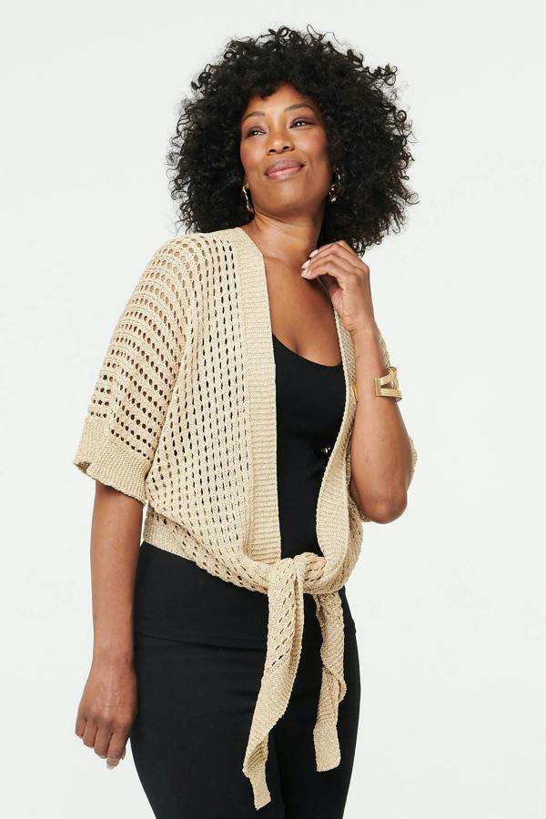 Gold | Crochet Texture Tie Front Cardigan