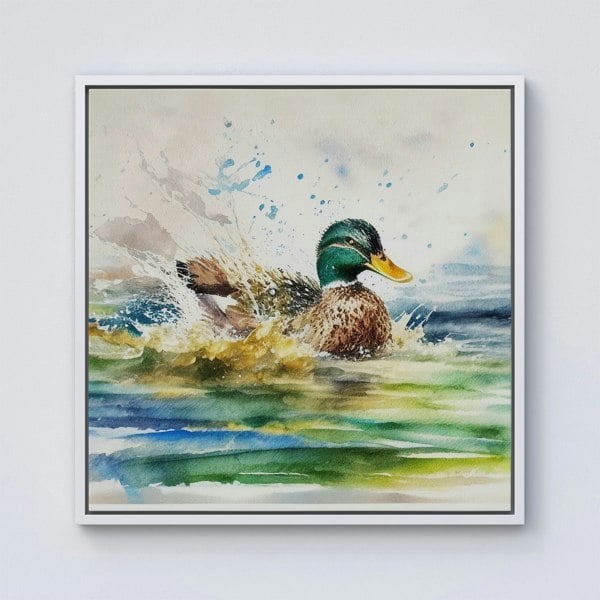 Warren Reed Splashing Mallard Watercolour Framed Canvas