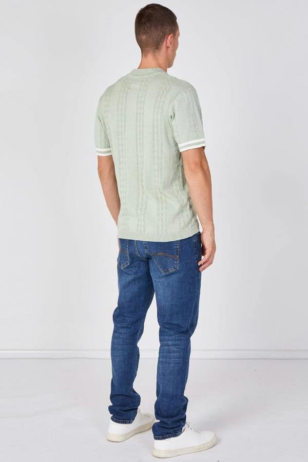 Sage Green Textured Knitted Button-Through Polo Shirt