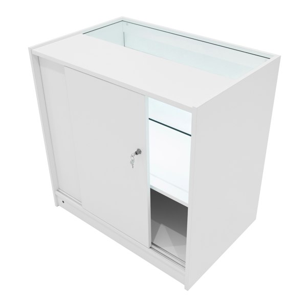 White LED retail shop counter C900 with sliding glass doors, illuminated interior, and sleek modern design for showcasing products