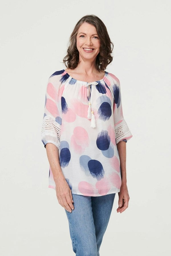 Pink | Printed Lace Trim Tassel Front Blouse
