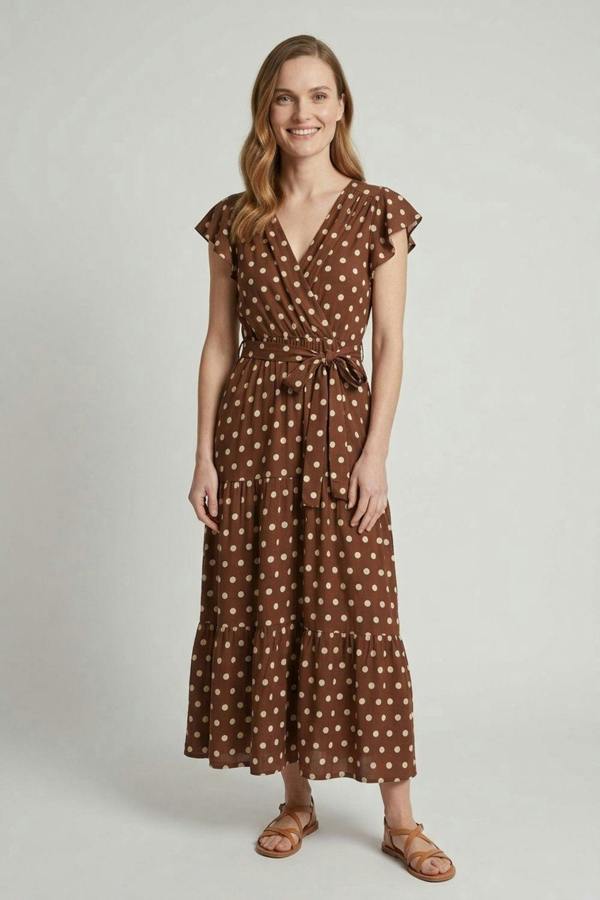 Brown | Polka Dot Tie Waist Tiered Midi Dress