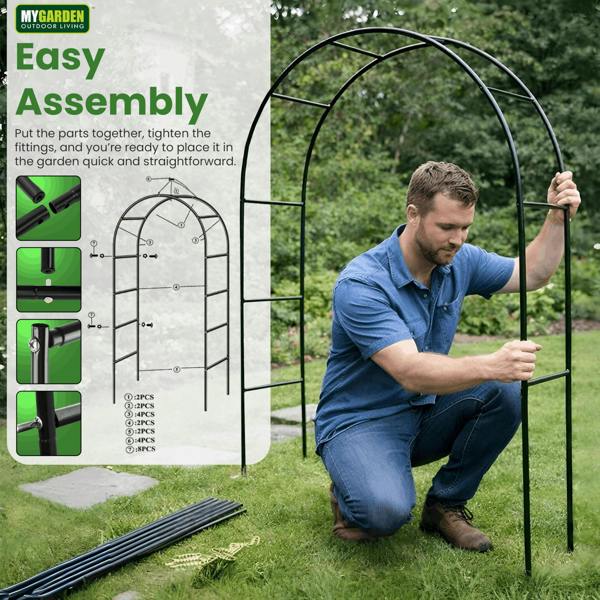 My Garden Outdoor Living Metal Garden Arch 2.4M, Florence Garden Arbour with Ground Stakes for Climbing Roses, Flowers & Plants, Indoor/Outdoor