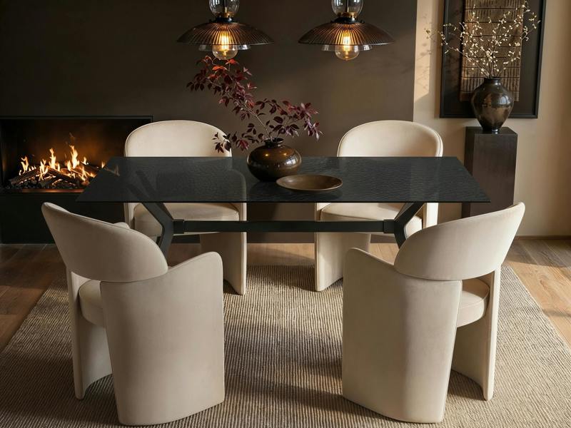 Emil Black Glass Rectangle Dining Table & Estella Beige Set of 4
