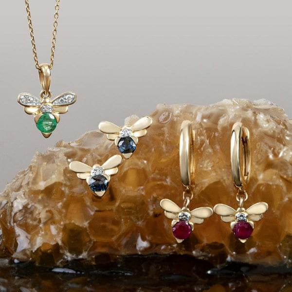 Gemondo Honeycomb Inspired Ruby and Diamond Bee Hoop Earrings in 9ct Yellow Gold