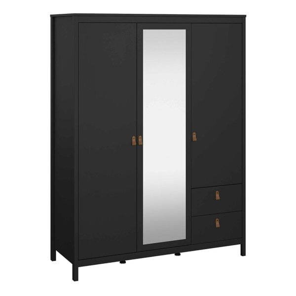 Wyld Haus Wildberry Matt Black Mirror Wooden Wardrobe 2 Doors 2 Drawers Leather Handles