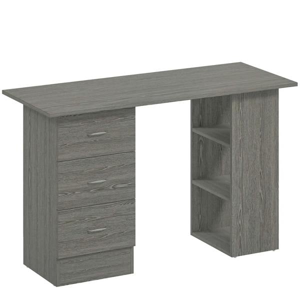 Grey computer desk with three drawers on the left and open shelving on the right