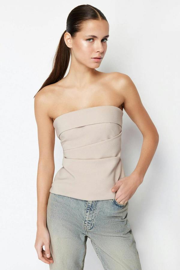 Hoxton Gal Strapless Fitted Draped Woven Blouse