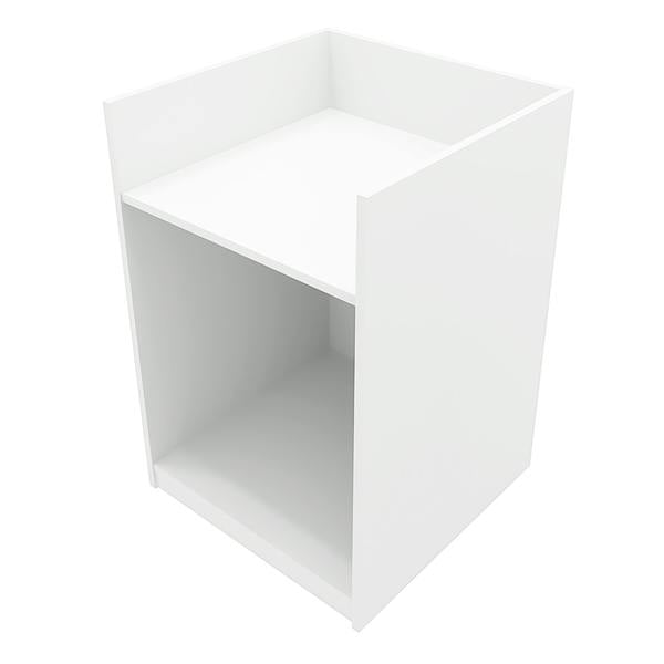 White Hyperion LED shop counter with a sleek, modern design, featuring a spacious top surface and open storage area below