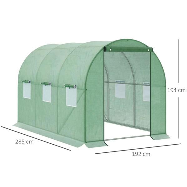 Green walk-in polytunnel greenhouse tent with zipped front door and mesh side windows