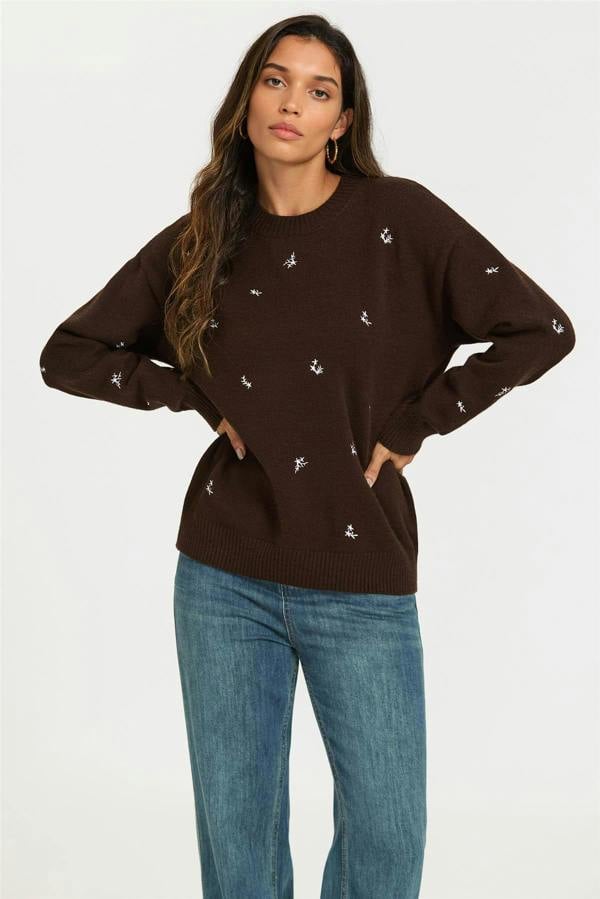 FS Collection Embroidered Floral Knit Jumper Top In Brown