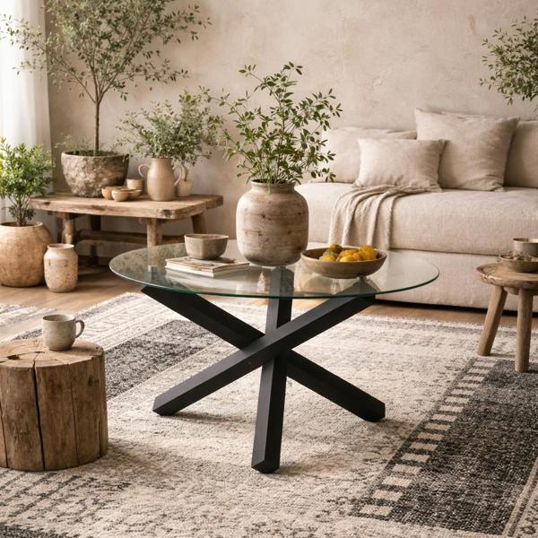 Wyld Haus San Sebastian Clear Glass and Black Metal Round Dining Table 4 Seater