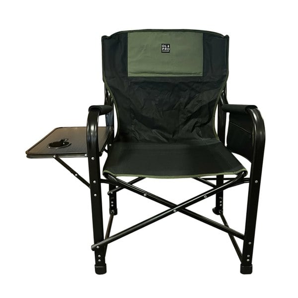 The OLPRO Directors Camping Chair in green and black with the side table up pictured with a white background.