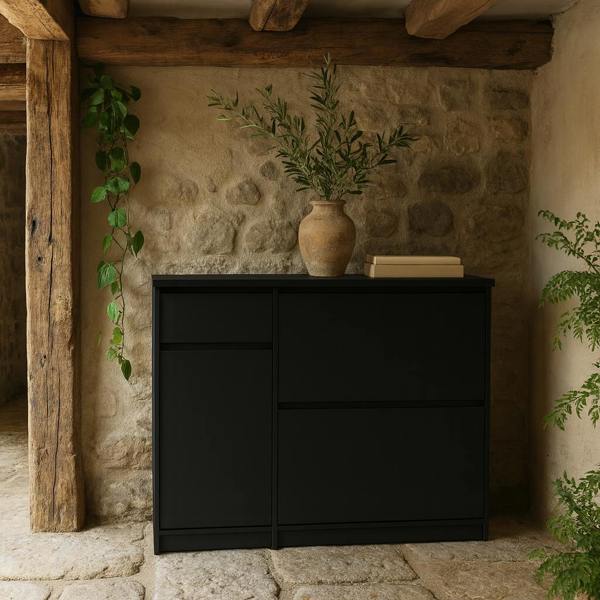 Wyld Haus Budapest Matt Black Wooden Shoe Cabinet 3 Doors 1 Drawer